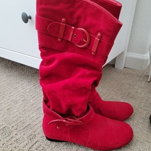 Red mid calf boots